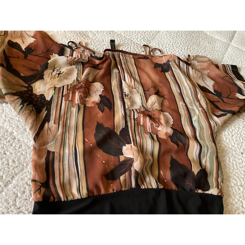 Idivo Cold Shoulder Blouse Womens Medium Brown Excellent Batwing Floral Striped - Picture 3 of 3